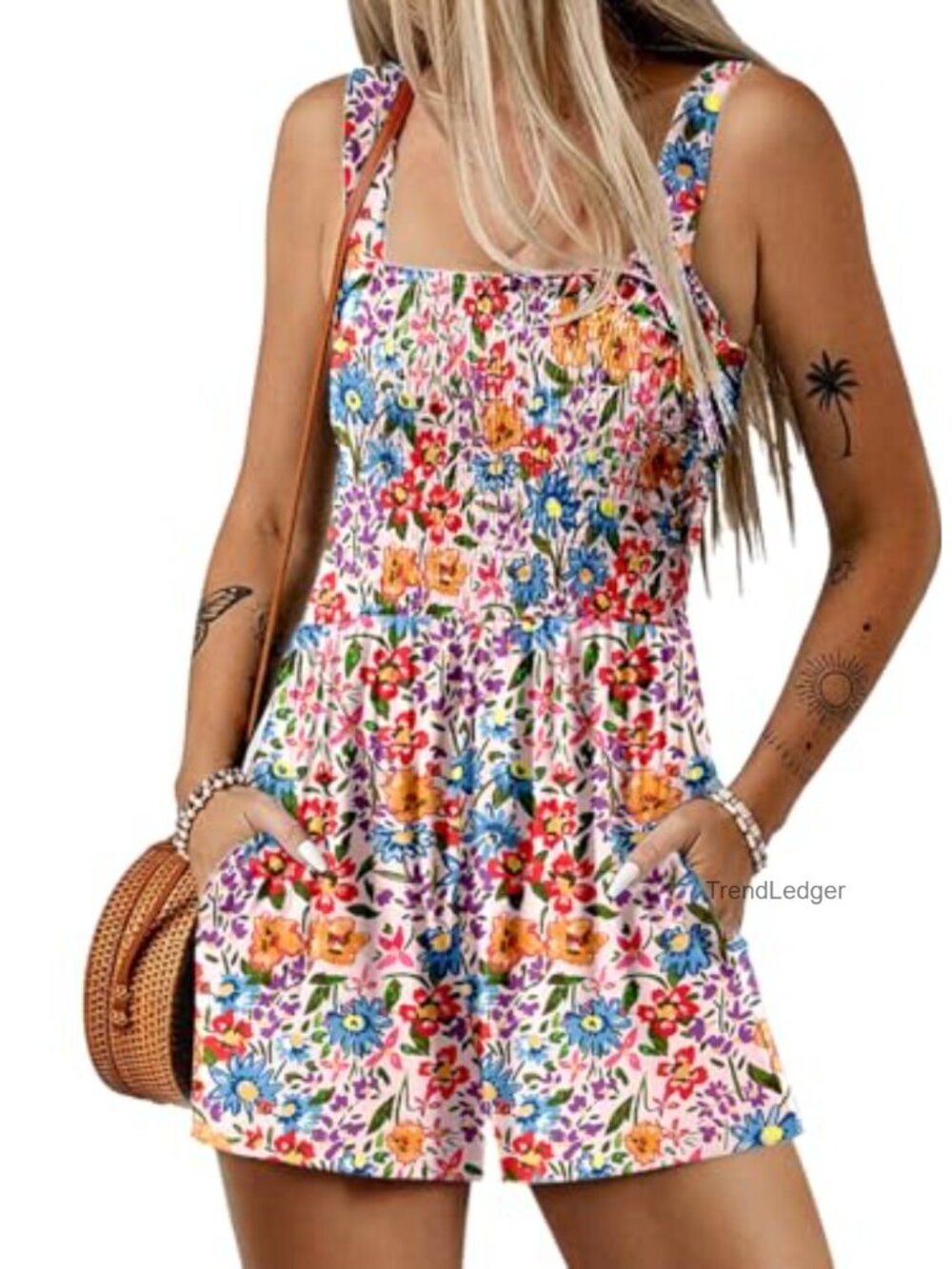 Smocked Square Neck Sleeveless Loose Fit Romper with Pockets